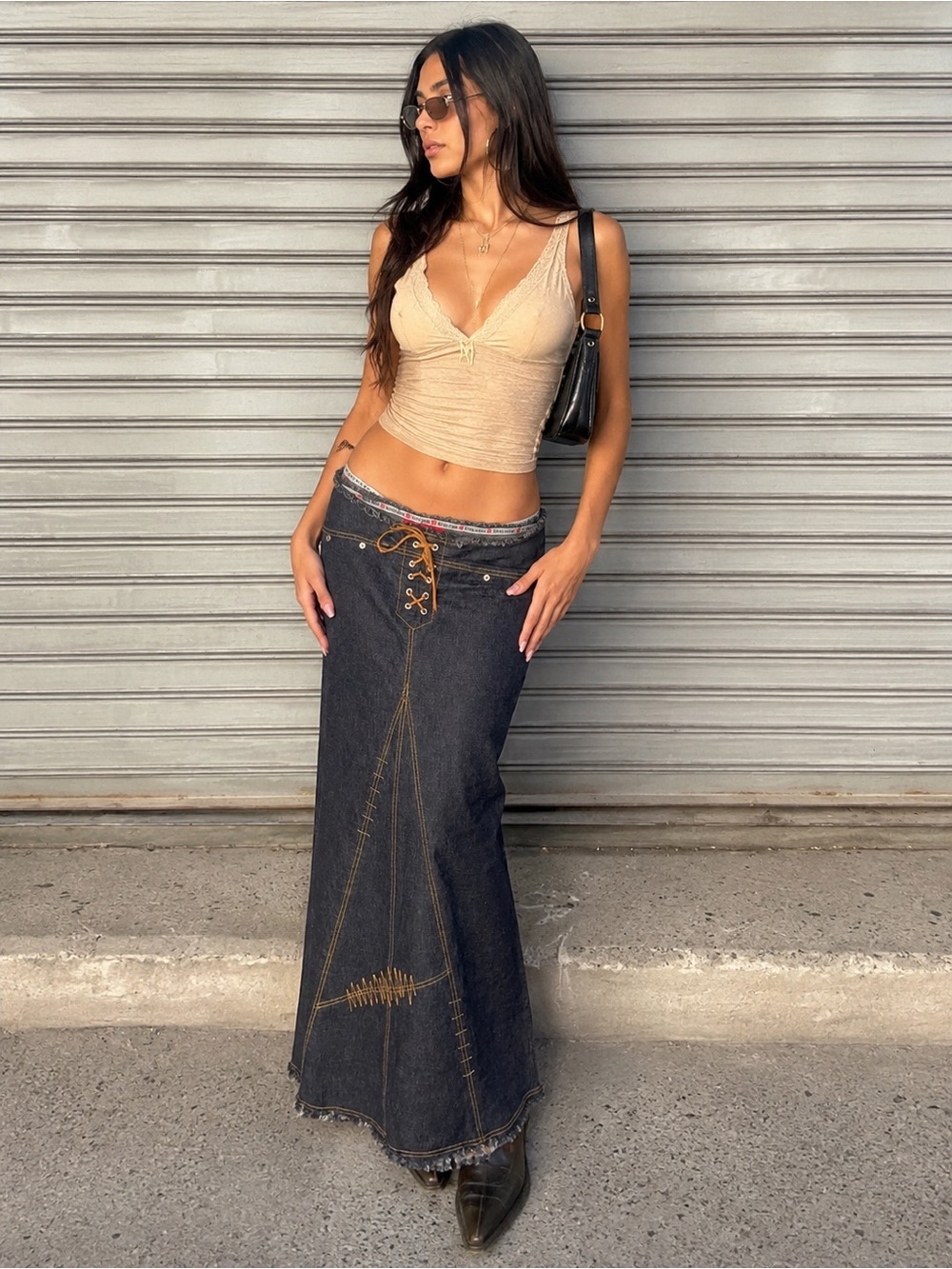 Y2K Lace-Up Dark Denim Maxi Skirt Size Large